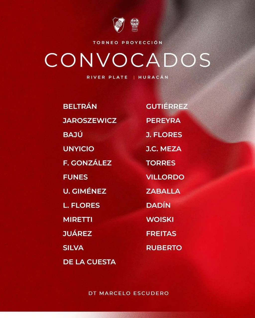Los convocados para jugar el partido de Reserva contra Huracán.