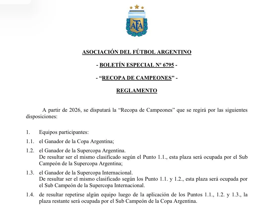 Parte del reglamento de la Recopa de Campeones que fue publicado en el Boletín Oficial de AFA.