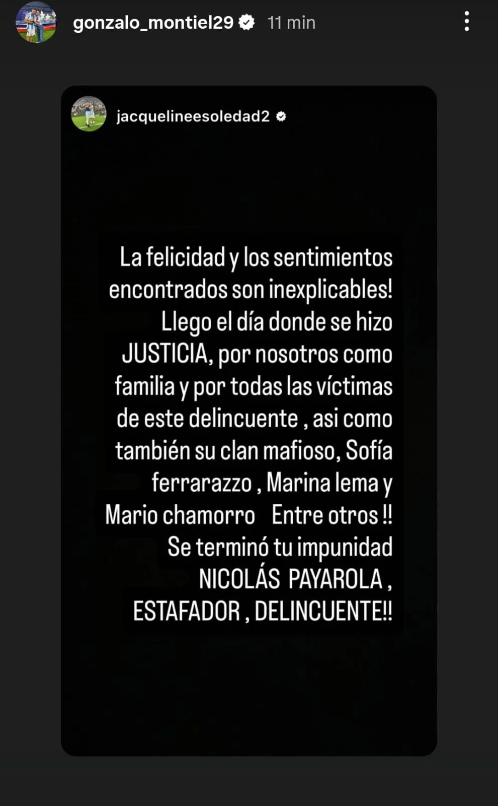 El posteo de la hermana de Montiel que el propio jugador reposteó en su Instagram.