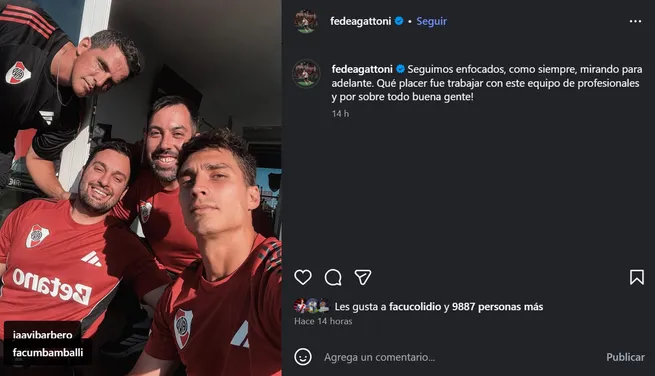 El posteo de Gattoni antes de irse de River. (Instagram @federicogattoni)