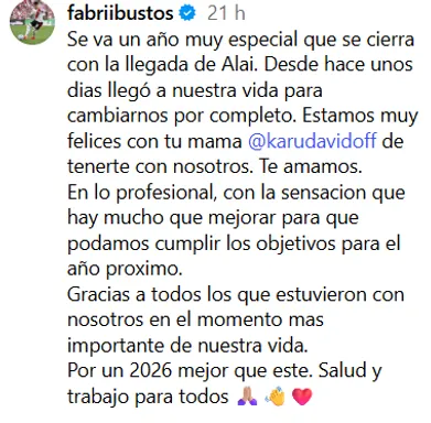 El mensaje de Fabricio Bustos. (Instagram)