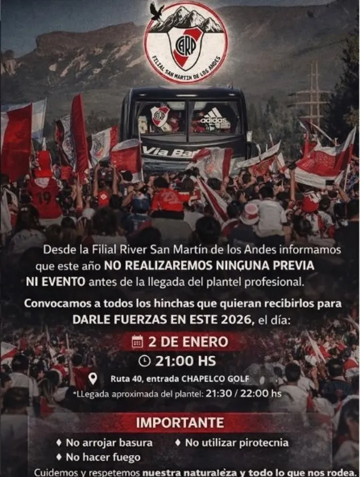 El anuncio que realizó la filial de River en San Martín de los Andes. (Instagram)