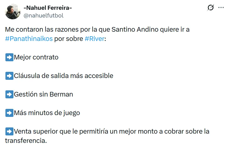 Las condiciones del contrato en Grecia que seducen a Andino.