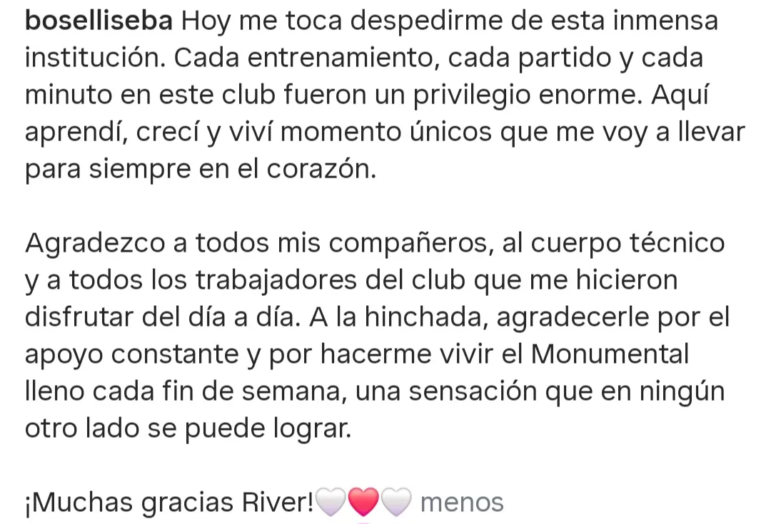 El mensaje de Boselli. (Instagram)