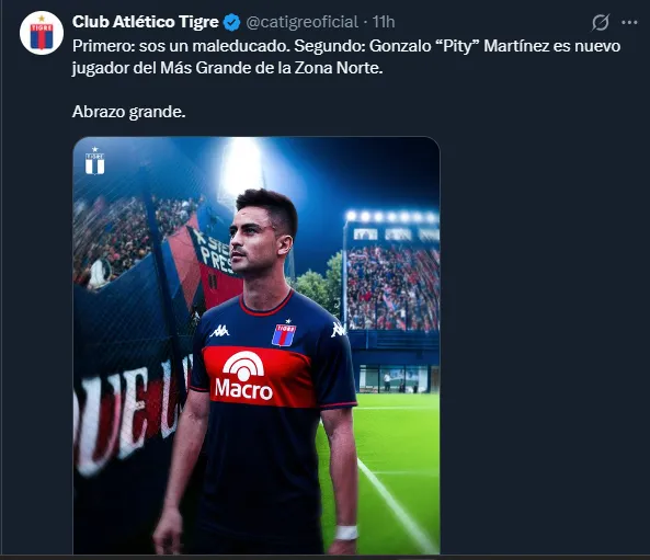 El tweet de Tigre con gastada al periodista.