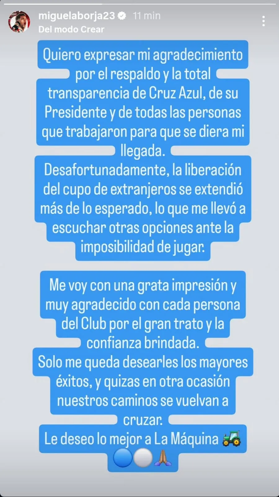 Mensaje de Borja vía Instagram.
