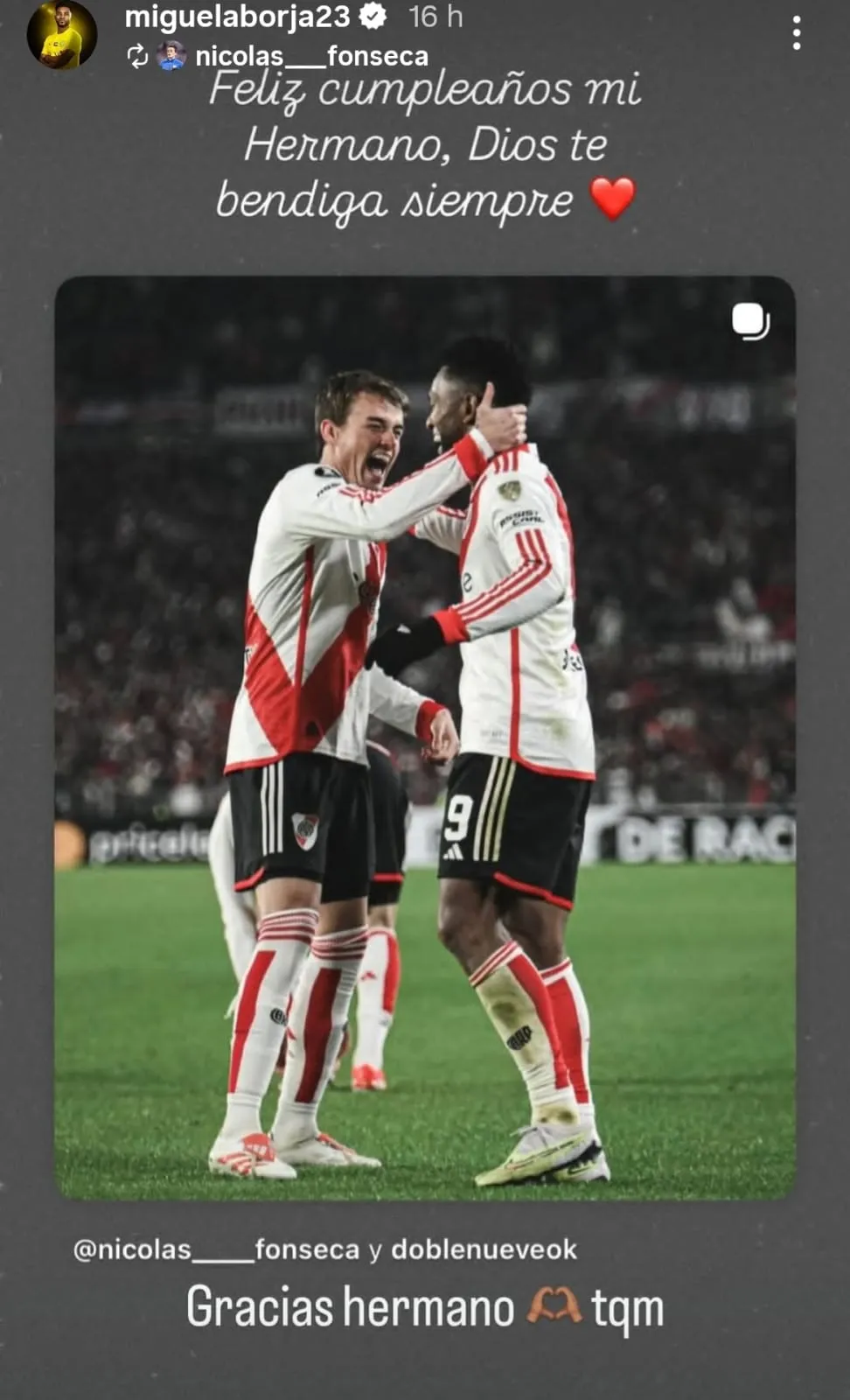 La historia que publicó Fonseca y que posteriormente compartió Borja. (Instagram)