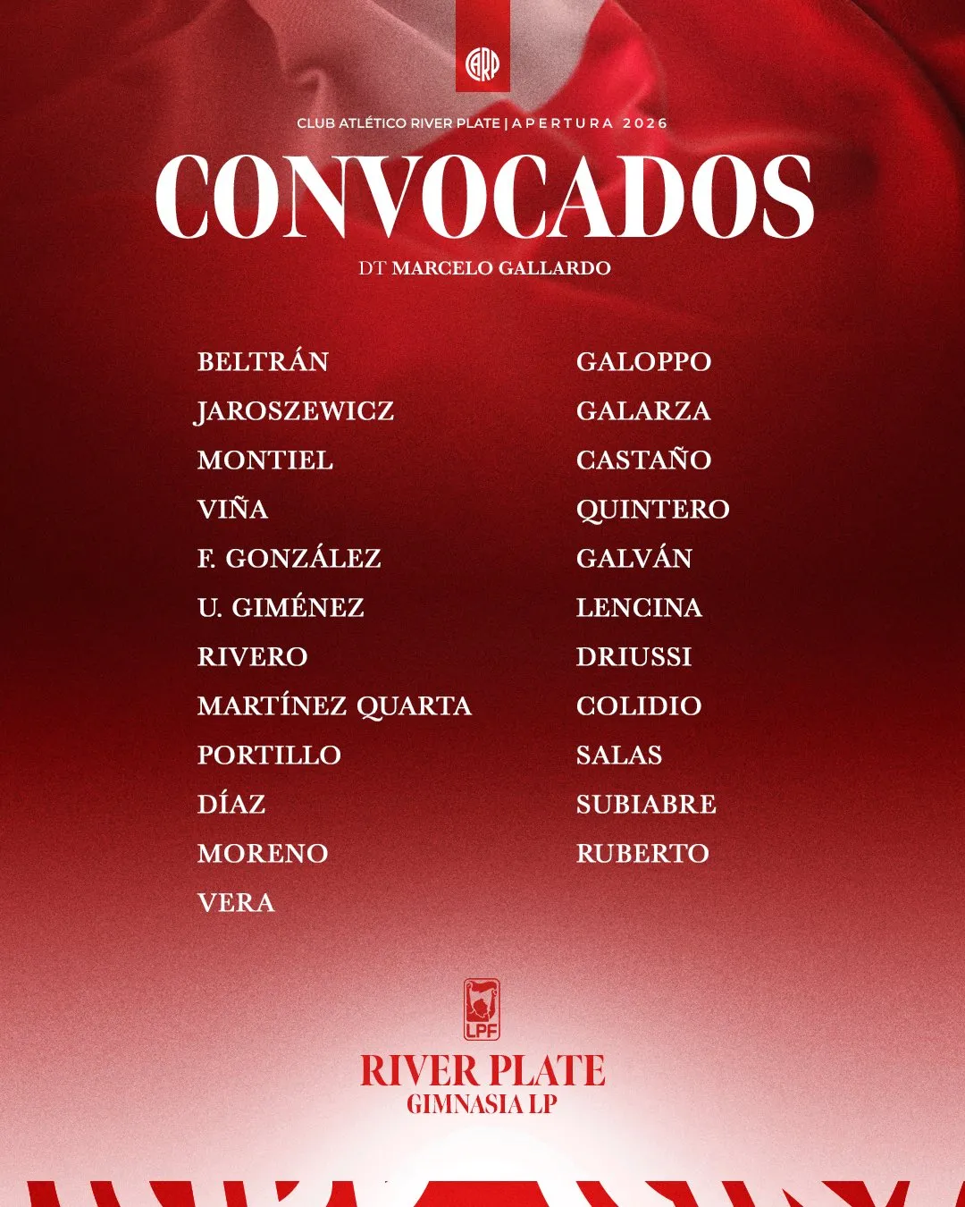 Los convocados de River vs. Gimnasia. (River Plate Oficial)