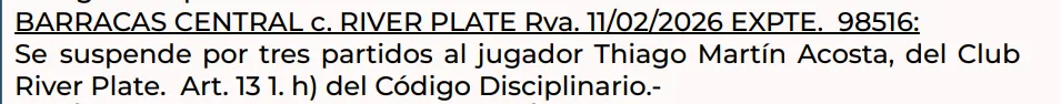 La sanción a Thiago Acosta en el boletín oficial de AFA.