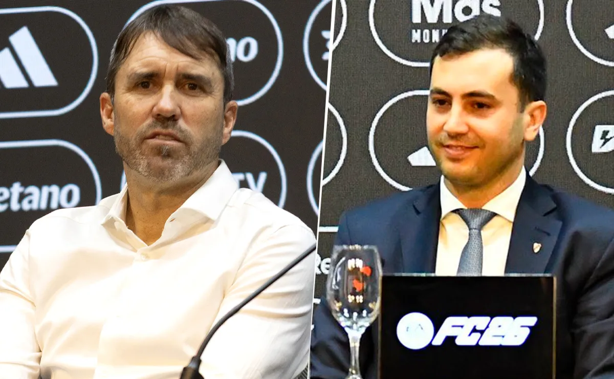 El Chacho Coudet brindó su primer conferencia de prensa junto a Stefano Di Carlo (derecha) y Enzo Francescoli