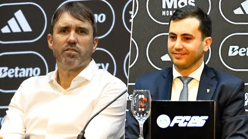 El Chacho Coudet brindó su primer conferencia de prensa junto a Stefano Di Carlo (derecha) y Enzo Francescoli