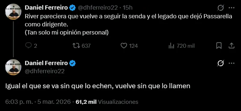 El tweet publicado por Daniel Ferreiro, parte del círculo cercano de Tapia.