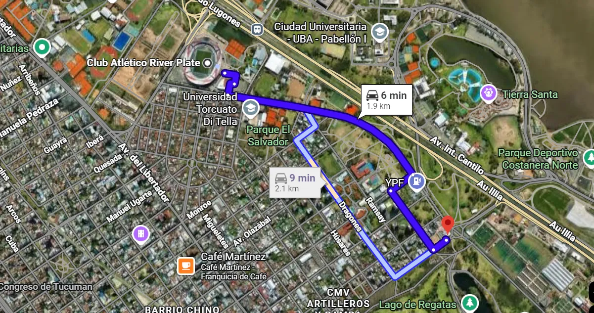 La distancia entre el punto de corte en calle La Pampa entre Av. Figueroa Alcorta y Av. Lugones hasta el estadio Monumental de River Plate es de 1.9 kms.