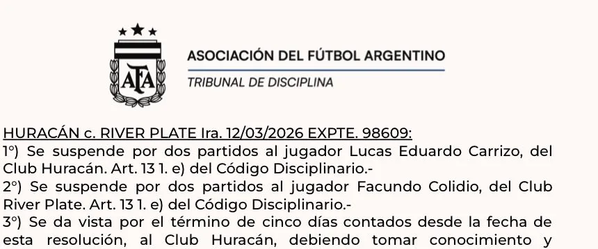 La sanción a Colidio en el Boletín del TDD de AFA.