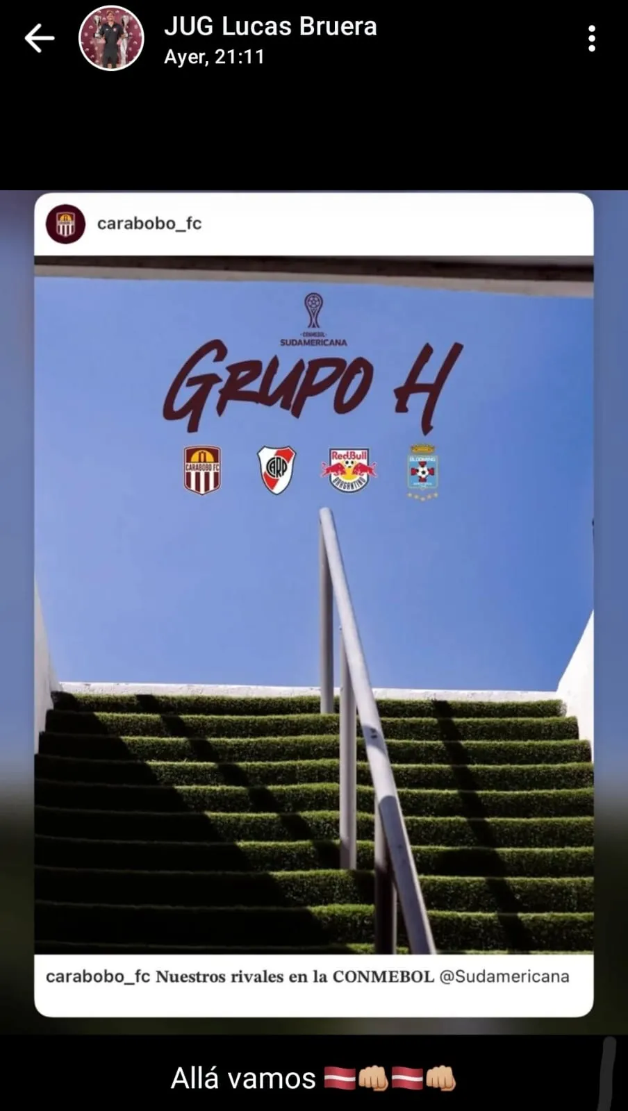 La reacción de Lucas Bruera tras confirmarse el cruce Carabobo vs. River.