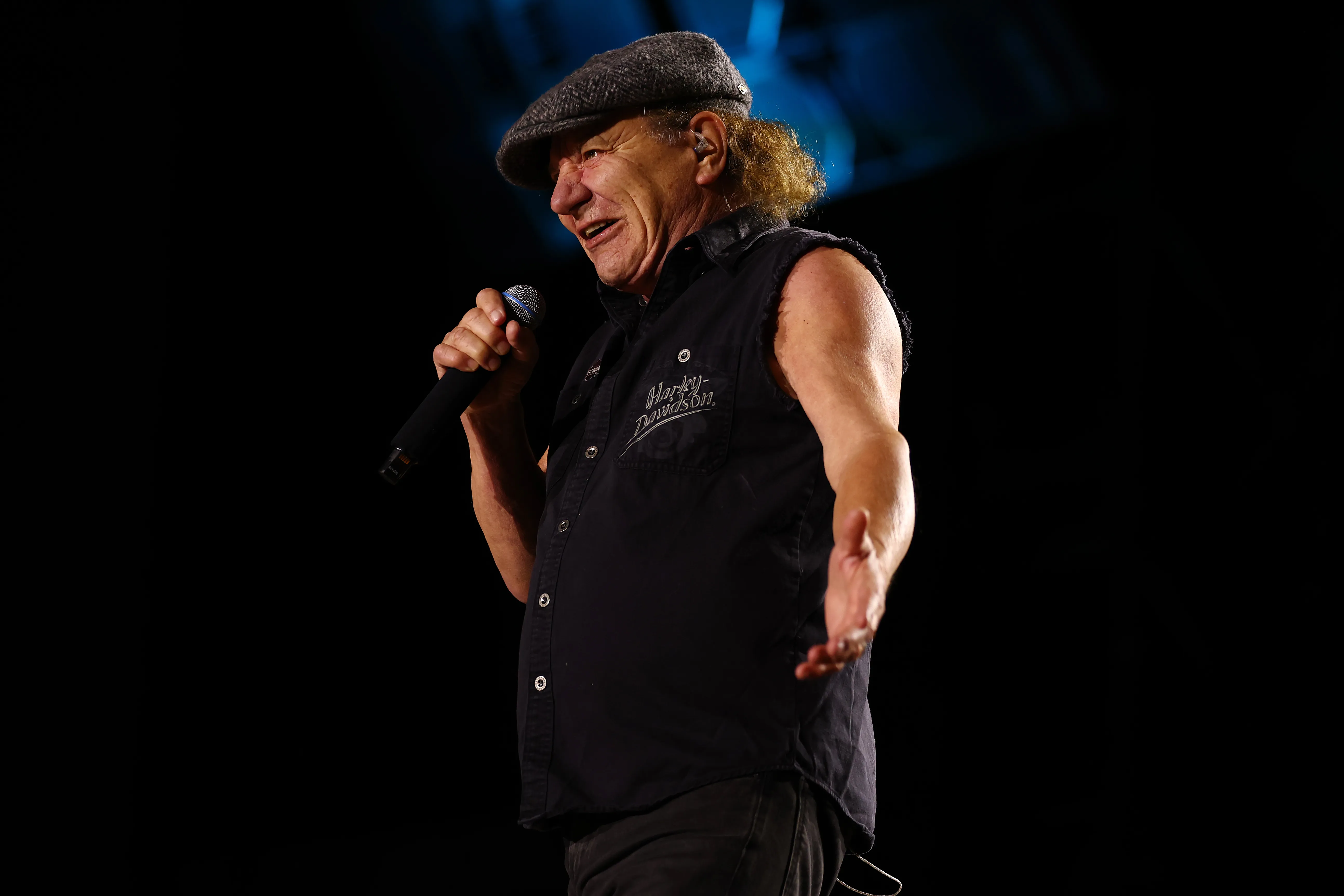 MELBOURNE, AUSTRALIA – NOVEMBER 12: Brian Johnson of AC/DC performs during their Power Up tour at Melbourne Cricket Ground on November 12, 2025 in Melbourne, Australia. (Photo by Morgan Hancock/Getty Images)