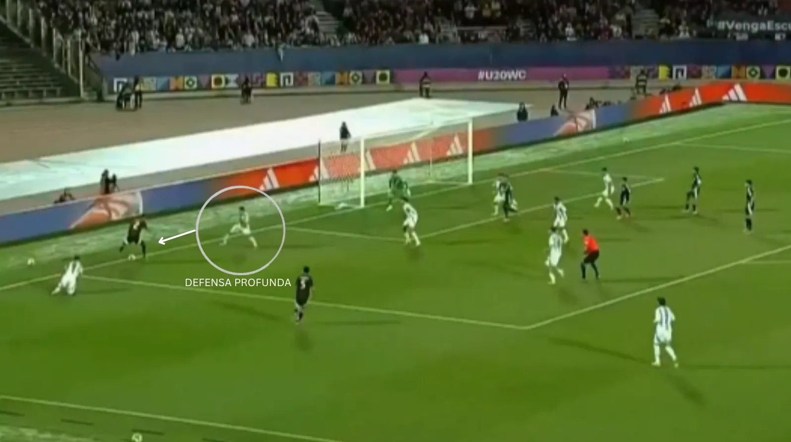 Ramírez defendiendo con la línea de fondo hundida o en defensa profunda.
