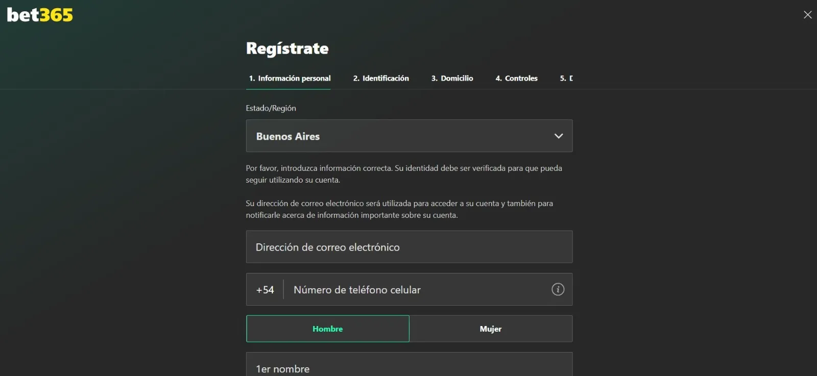 La primera pantalla que aparecerá al registrarse. Deberás completar tus datos personales. Número, correo electrónico, nombre, apellido, etc.