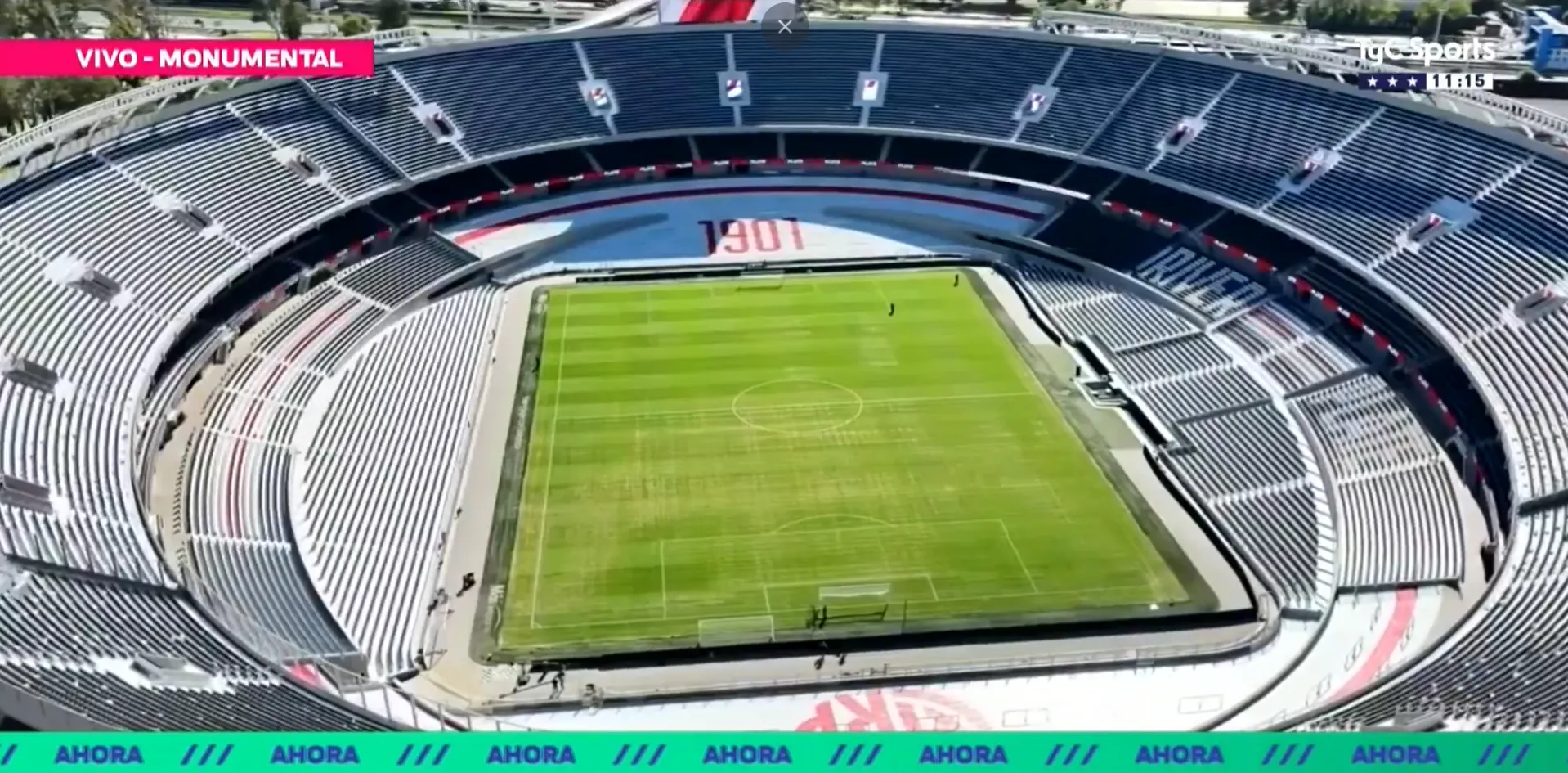 Descolorido pero parejo. Así está el césped del Monumental. Foto: Captura TV (Tyc Sports).