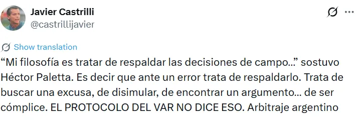 Castrilli desmontó uno de los argumentos de Paletta para no llamar a Darío Herrera tras el empujón de Blanco a Martínez Quarta. (Captura de pantalla)