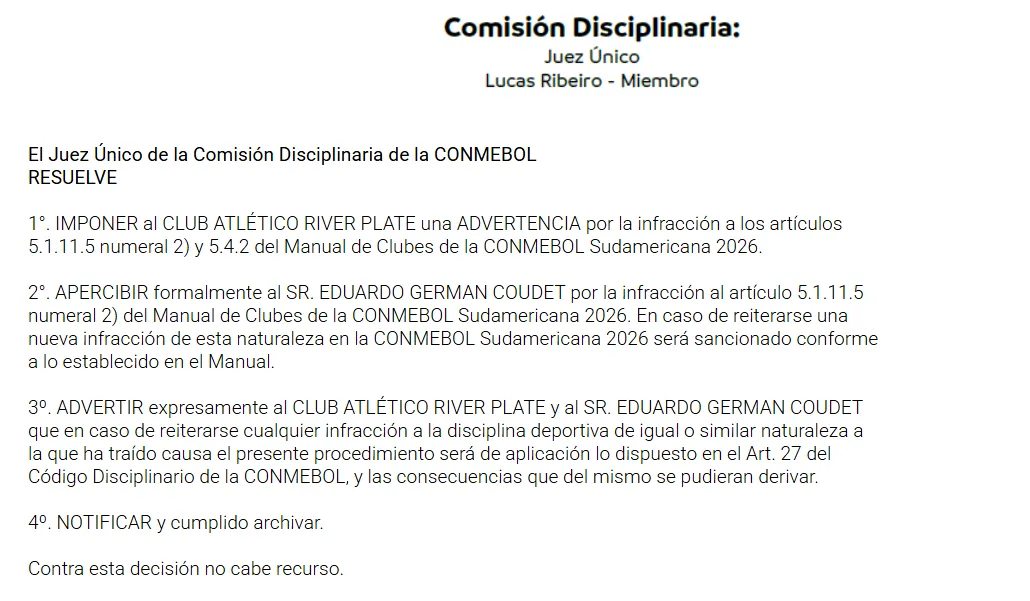El informe disciplinario de Conmebol a River.