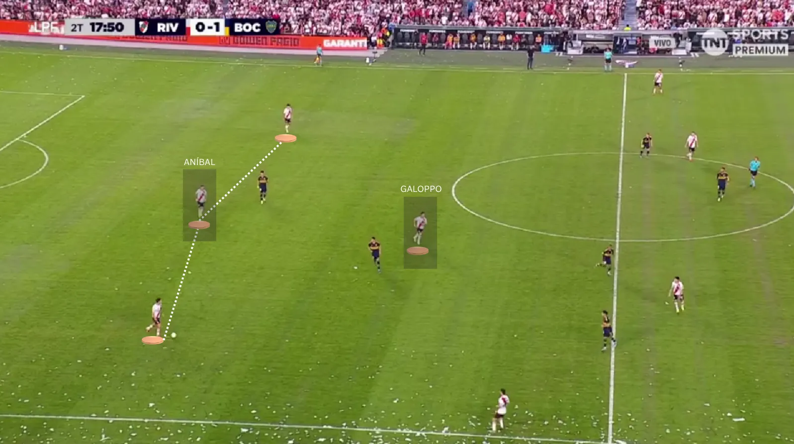 Moreno y Galoppo en campo propio y lejos del terreno rival.