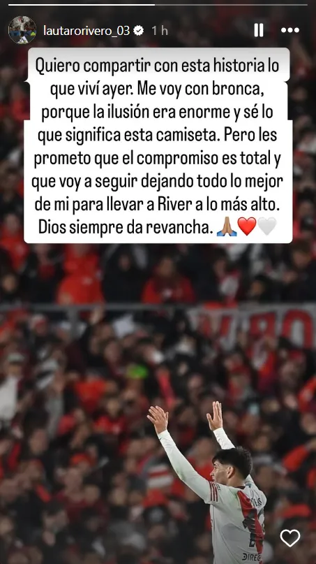 El mensaje que publicó Lautaro Rivero. (Instagram)