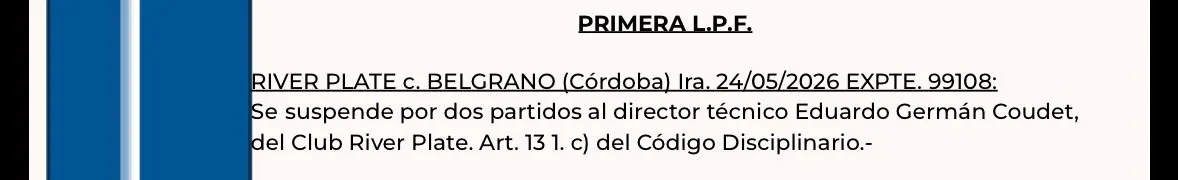 El detalle de la sanción que recibió Eduardo Coudet.