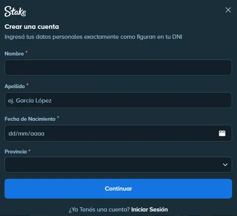 Formulario para ingresar el Código promocional Stake