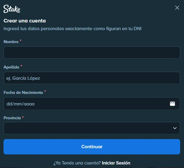 Formulario de registro de la Stake App
