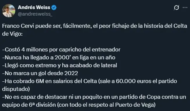 Cervi no terminó bien su paso por Celta.