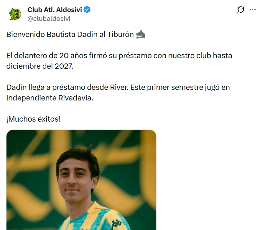 Así presentó Aldosivi a Dadín en sus redes.