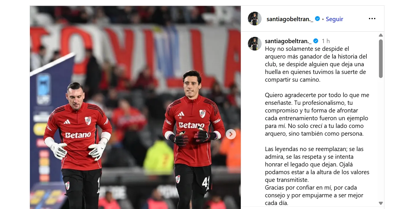 La despedida de Beltrán a Armani en Instagram.