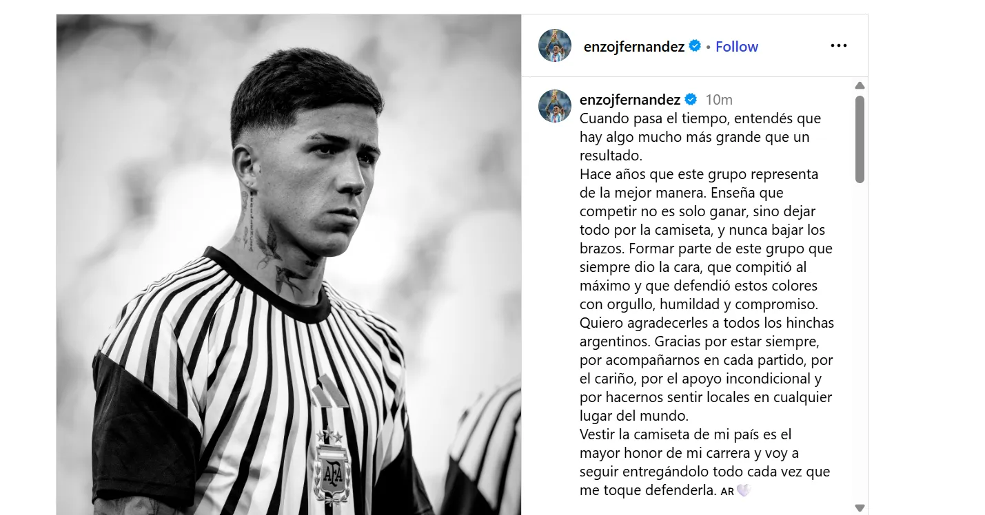 El mensaje de Enzo en Instagram.