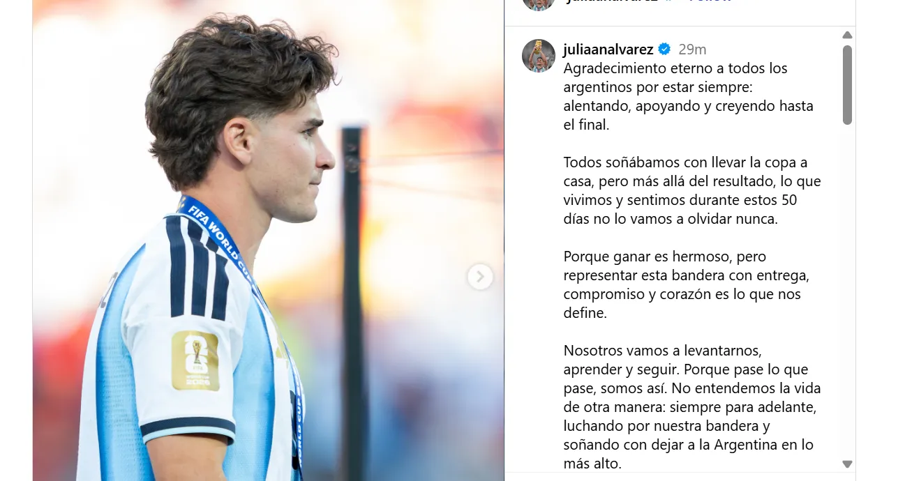 El mensaje de Julián Álvarez en su Instagram.