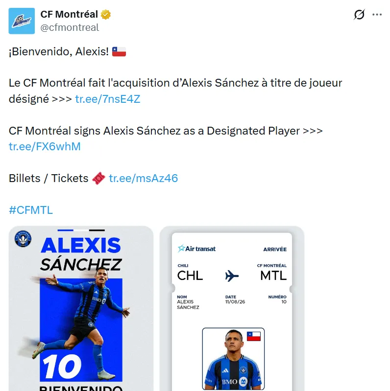 Así presentó Montreal a Alexis Sánchez.