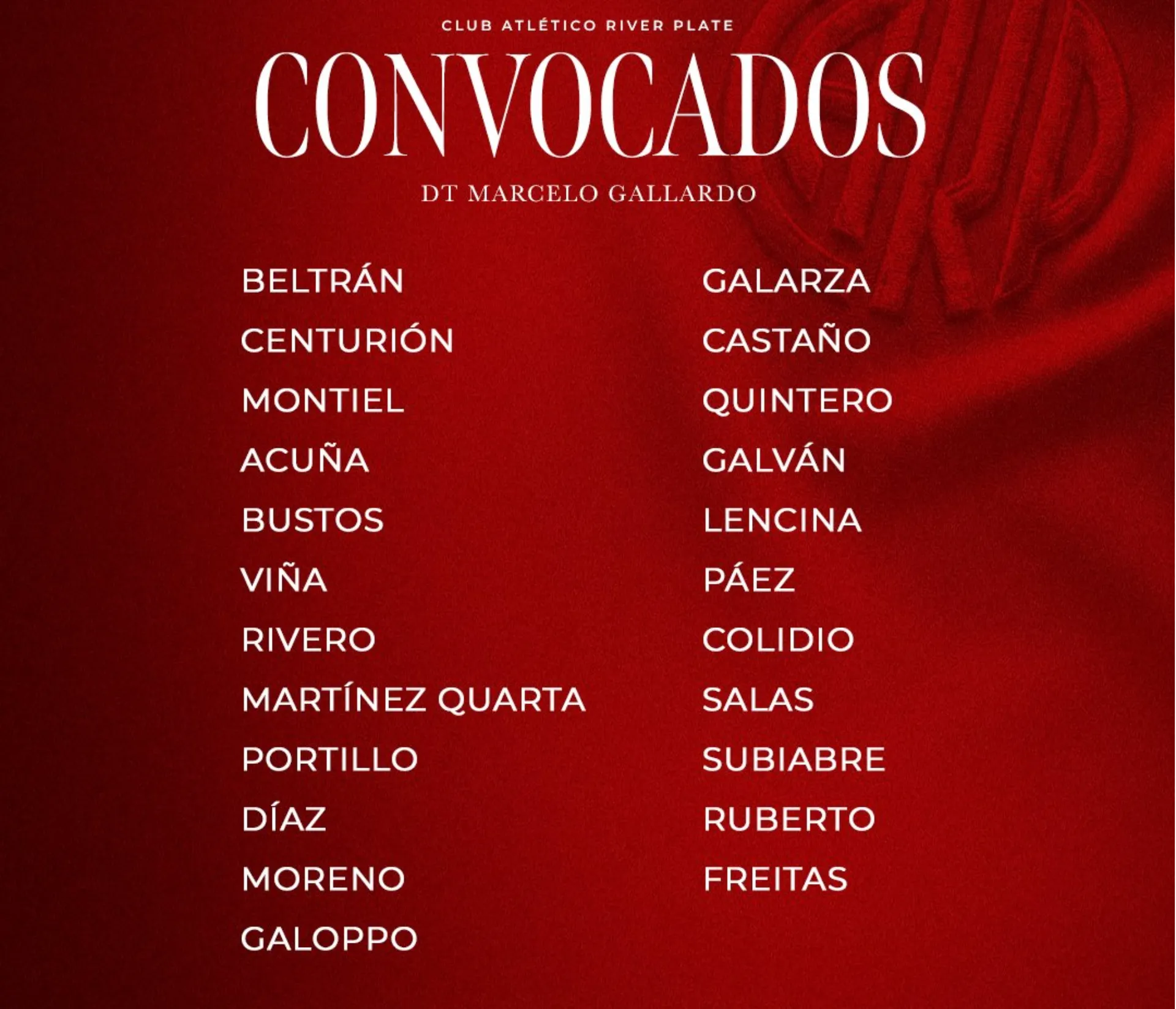 Los 23 convocados por Gallardo para el partido de febrero