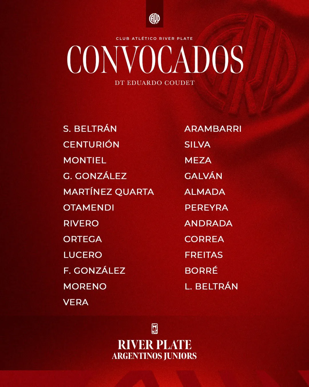 La lista de convocados presentada por River hace instantes.