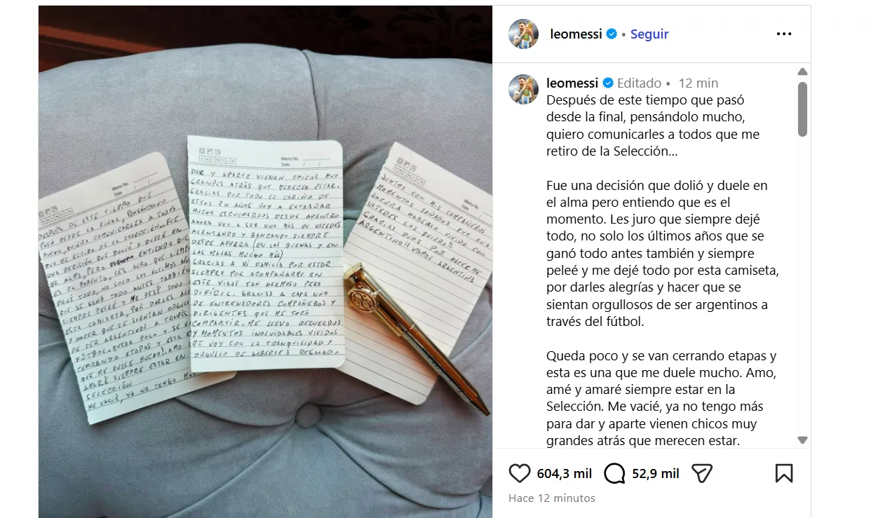 El posteo de Messi en Instagram.