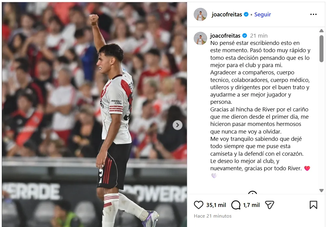 El mensaje de Freitas en Instagram.