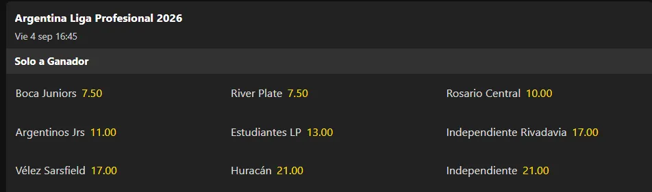 Captura tomada desde bet365, cuotas sujetas a cambios