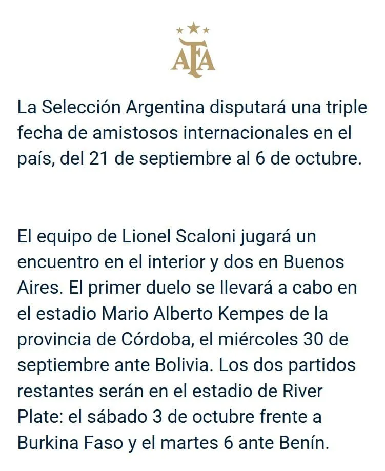 El comunicado de la Selección Argentina.