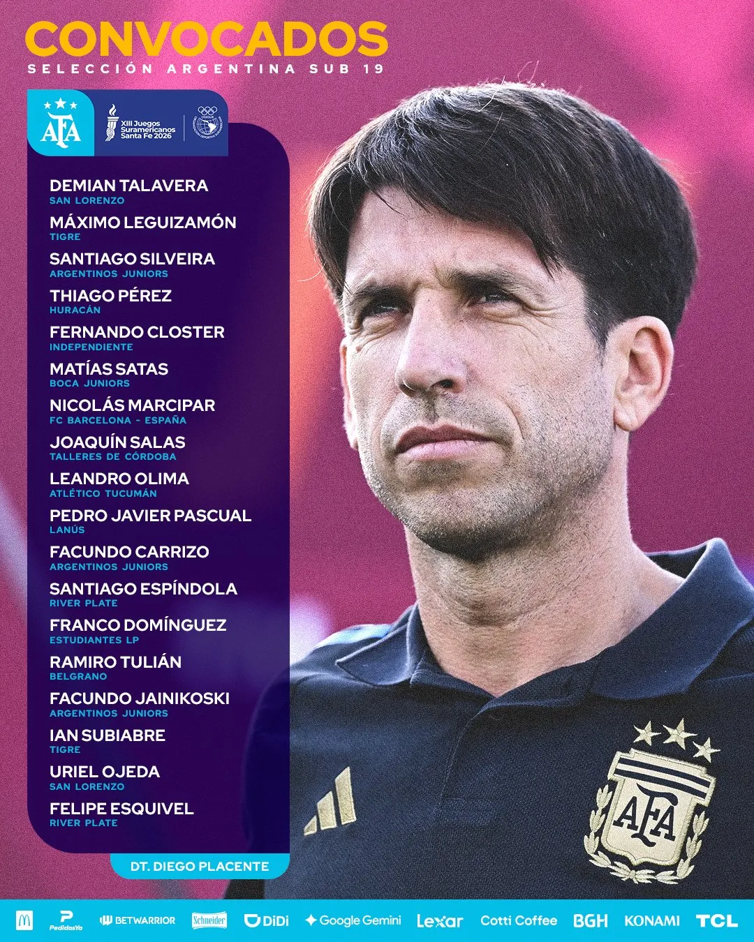La convocatoria completa, con Ian Subiabre, que pertenece a River pero juega en Tigre a préstamo.