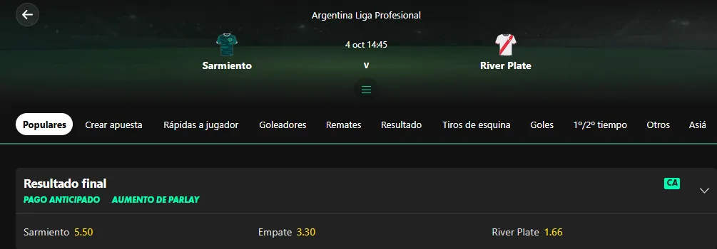 Captura realizada desde la web de bet365