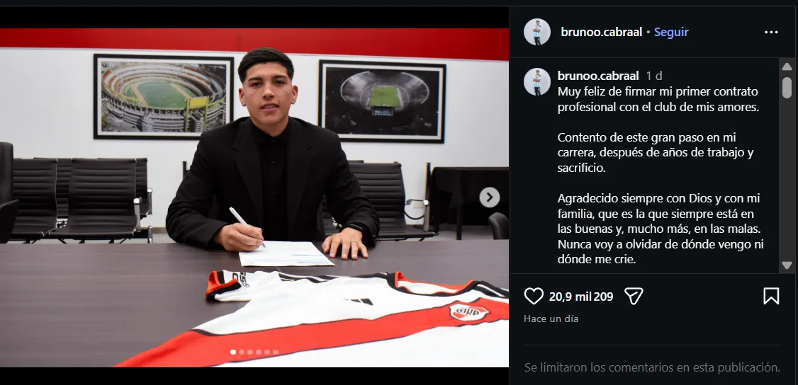 El posteo de Bruno Cabral en Instagram.