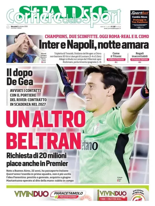 La portada de Corriere Dello Sport sobre el interés de Fiorentina en Santiago Beltrán. (Corriere Dello Sport)