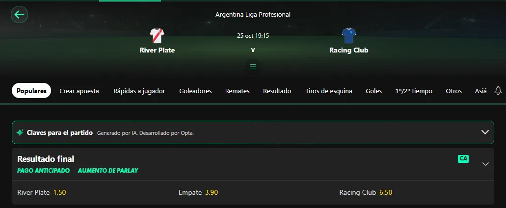 Captura realizada desde la web de bet365